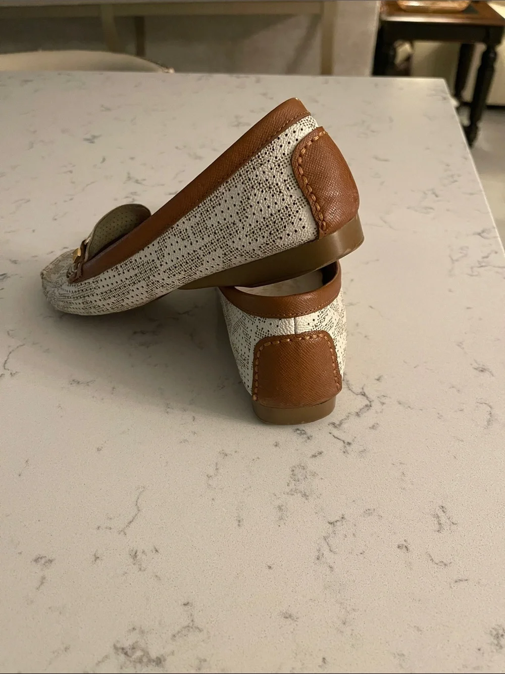 Michael Kors Cream Patterned & Brown Leather MK Logo Loafers